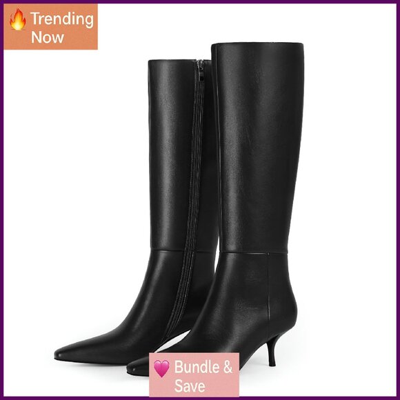 Knee High Faux Leather Boots Low Heel Square Toe Side Zipper Tall Boots